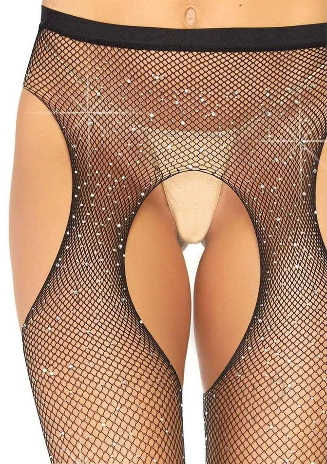 Male Sex Toys Leg Avenue Inc Casey Rhinestone Fishnet Suspender Pantyhose Sexy Crotchless Tights with Sparkly Rhinestone